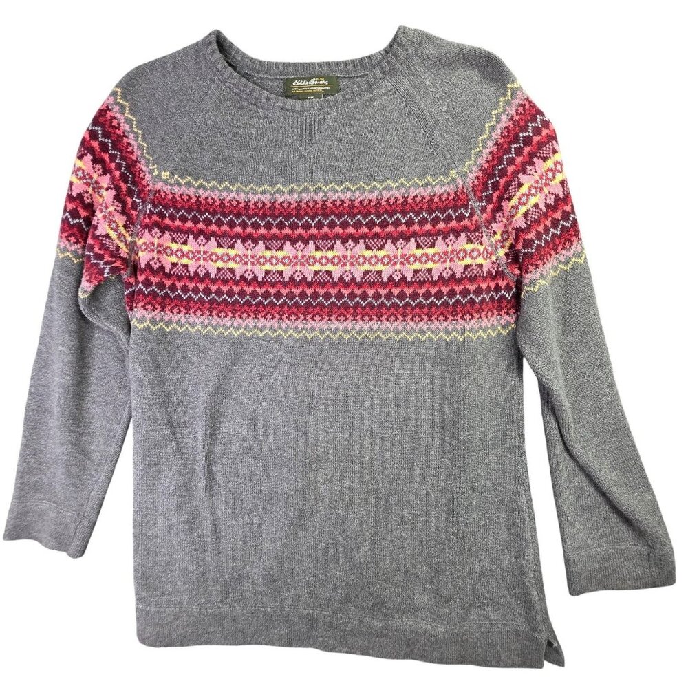 Eddie Bauer Sweater Womens Large Gray Fair Isle Raglan Pullover Cotton Angora - Picture 2 of 12